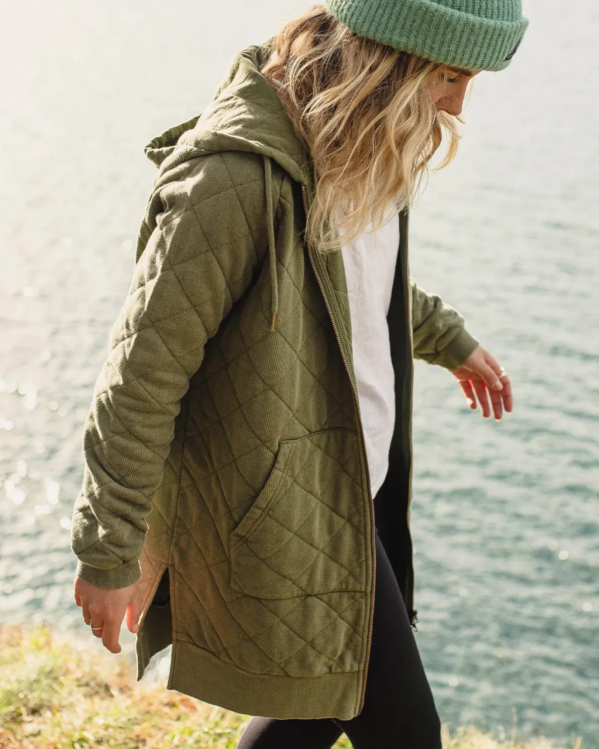 Passenger Getaway Recycled Quilted Full Zip Hoodie - Khaki Green KhakiGreen Flash Sale