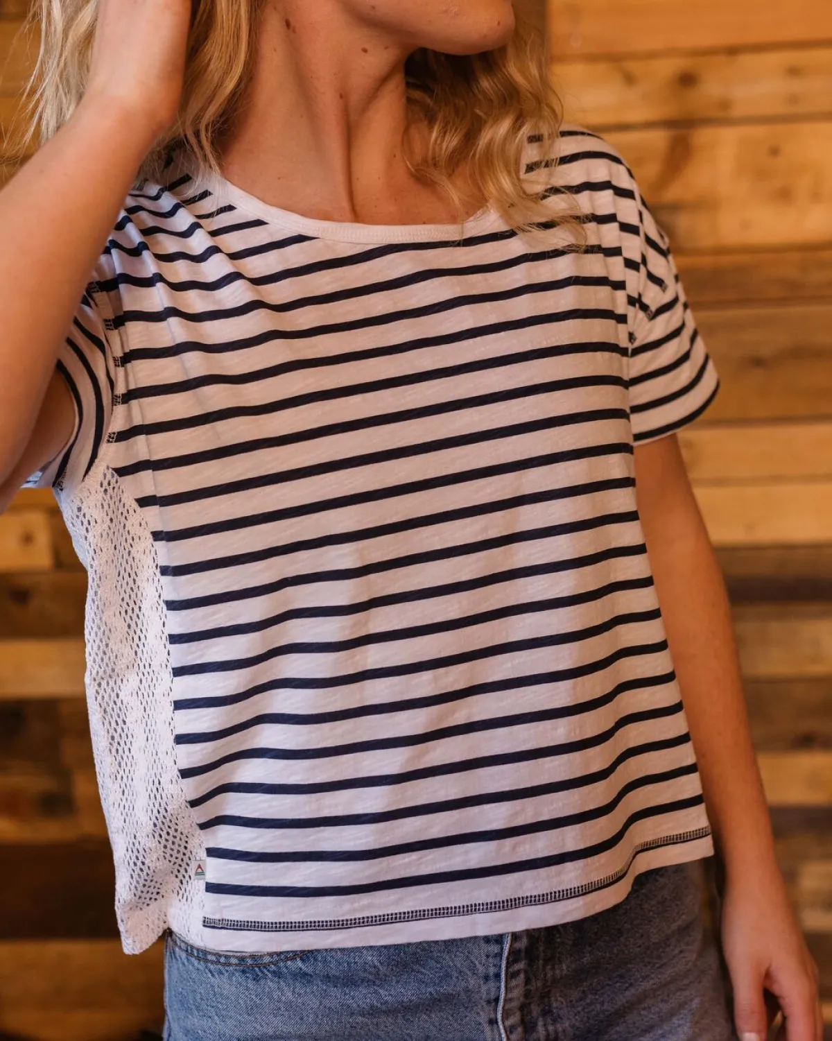 Passenger Magnolia Recycled Cotton Crochet Trim T-Shirt - Navy Stripe NavyStripe Shop