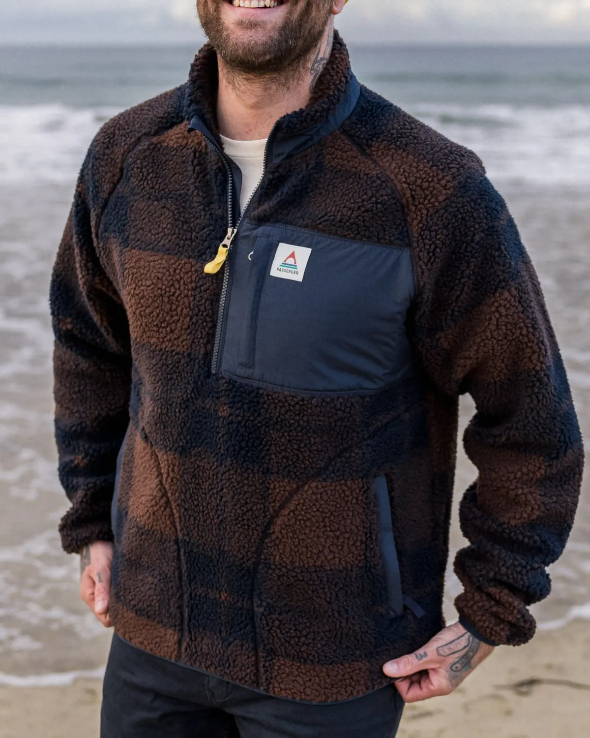 Passenger Offroad Recycled Sherpa Half Zip Fleece - Chestnut/Deep Navy Check Chestnut/DeepNavyCheck Store