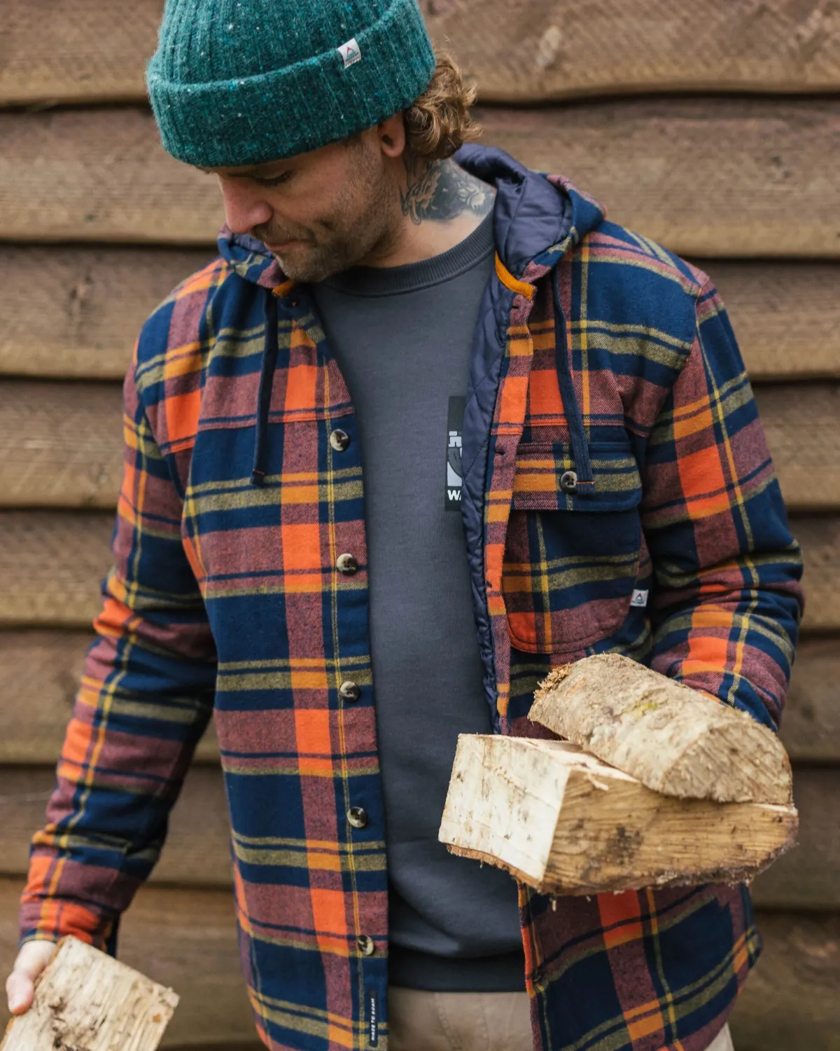 Passenger Sherwood Check Hooded Shirt Jacket - Rich Navy/Burnt Orange RichNavy/BurntOrange Store